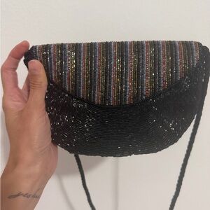 Beaded Black Crossbody Clutch with Multicolor Stripe Flap